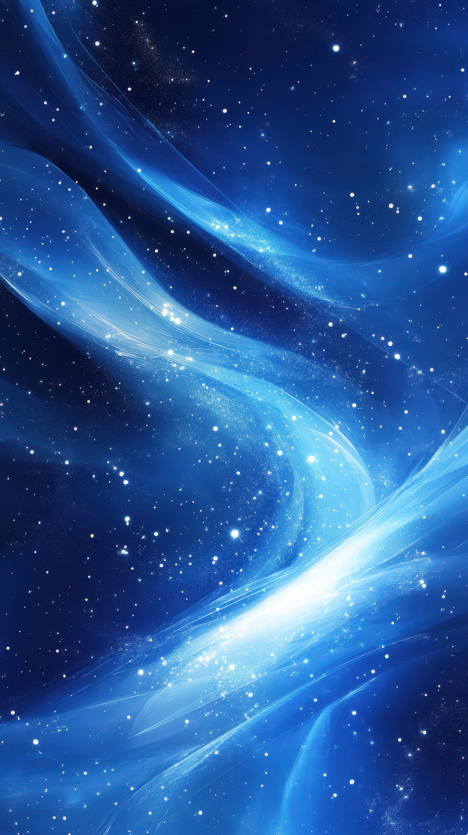 Swirling cosmic patterns in deep blue tones filled with stars and celestial light display vibrant beauty in the night sky